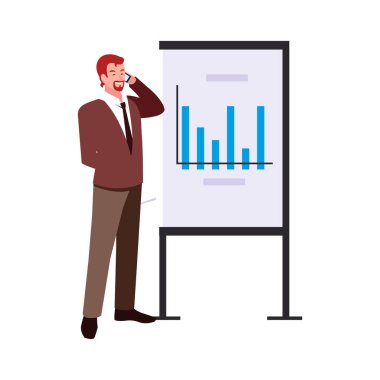 Beyaz arkaplanda grafikleri olan iş adamı