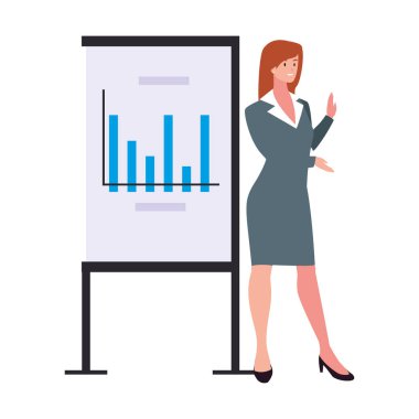 Beyaz arka planda grafiklerle ayakta duran iş kadını