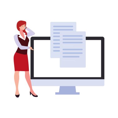 Beyaz arka planda bilgisayar ekranı olan iş kadını