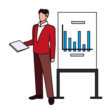 Beyaz arkaplanda grafikleri olan iş adamı