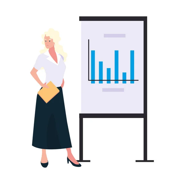 Femme d'affaires debout avec des graphiques sur fond blanc — Image vectorielle