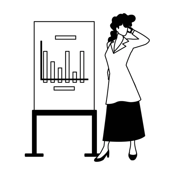 Бизнесвумен стоит с графиками на белом фоне — стоковый вектор
