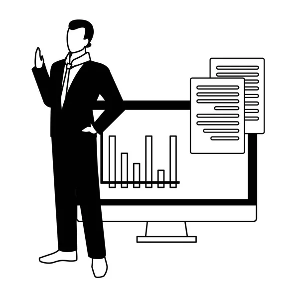 Uomo d'affari con schermo del computer in sfondo bianco — Vettoriale Stock