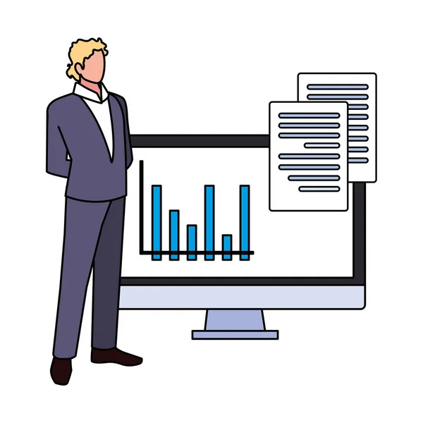 Affärsman med datorskärm i vit bakgrund — Stock vektor