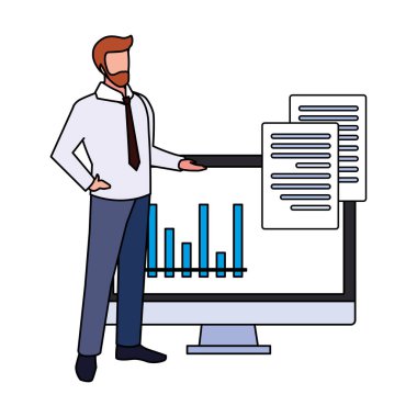 Beyaz arkaplanda bilgisayar ekranı olan iş adamı