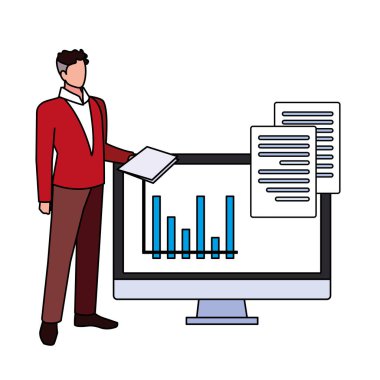 Beyaz arkaplanda bilgisayar ekranı olan iş adamı