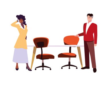 Çalışma odasındaki çift beyaz arka planda.