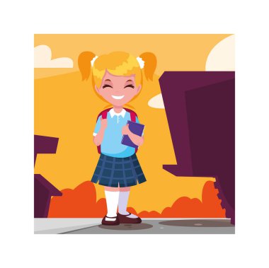 Okul çantalı öğrenci kız, okula geri dönüyor.