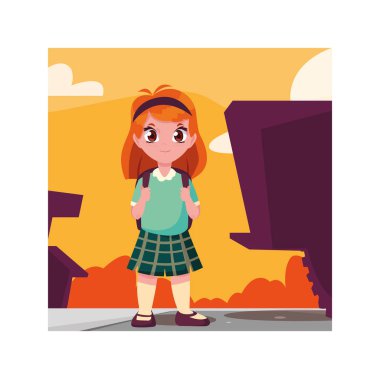 Okul çantalı öğrenci kız, okula geri dönüyor.