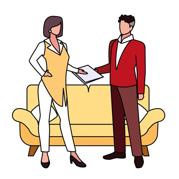 Pareja en la sala de estar sobre fondo blanco — Vector de stock