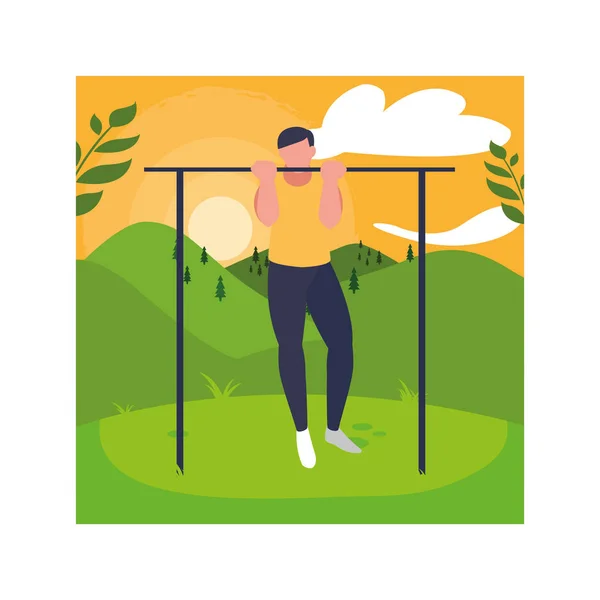 Hombre colgando en barra horizontal, al aire libre o deporte gimnasio — Vector de stock