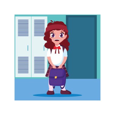 Okul koridorunda dolapları olan kız öğrenci, okula geri dönüyor.