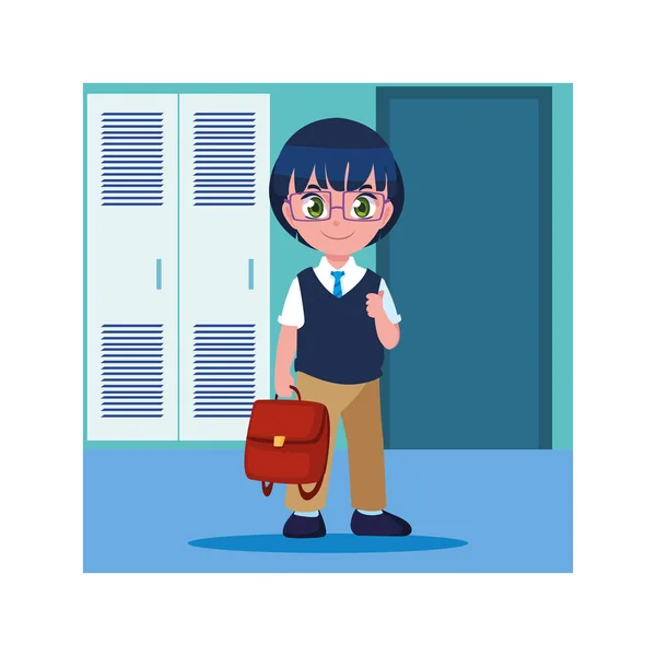 Student boy in school corridor with lockers , back to school — Stock Vector
