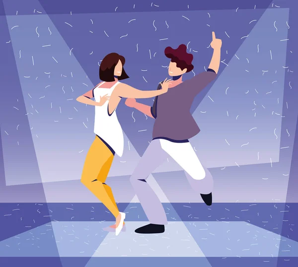 Casal de pessoas dançando em boate, música e vida noturna — Vetor de Stock
