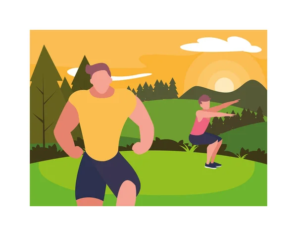 Men outdoors exercising with background landscape — Stock Vector