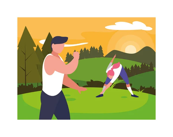 Couple of people exercising with background landscape — Stock Vector