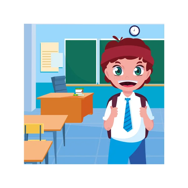 Student boy with school supplies in the classroom, back to school — Stock Vector