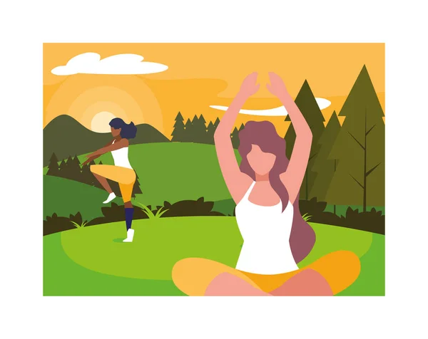 Frauen im Freien praktizieren Yoga mit Hintergrundlandschaft — Stockvektor