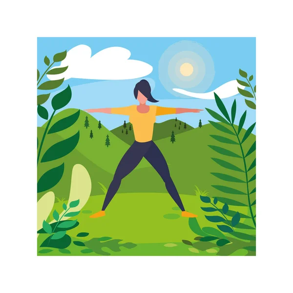 Frau im Freien praktiziert Yoga mit Hintergrundlandschaft — Stockvektor