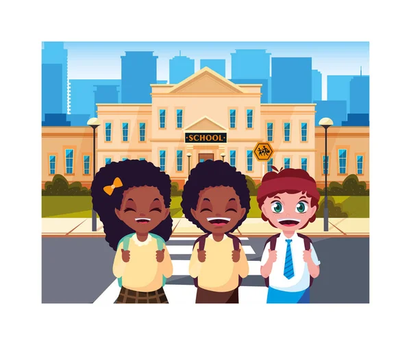 Schüler mit Schulgebäude der Grundschule — Stockvektor