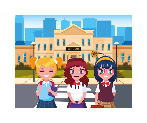 Schülerinnen mit Schulgebäude der Grundschule — Stockvektor