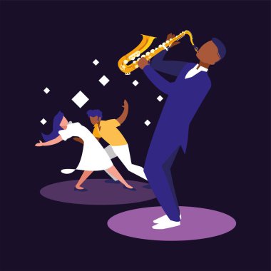 Müzisyen adam ve dansçılar vektör tasarımı