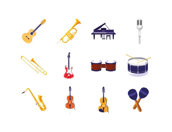 Instrumentos de música aislados icono conjunto de vectores de diseño — Vector de stock