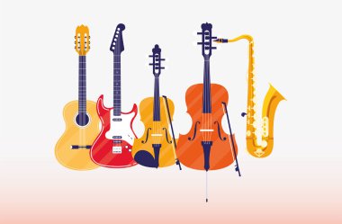 Gitar viyolonsel ve saksafon enstrüman vektör tasarımı