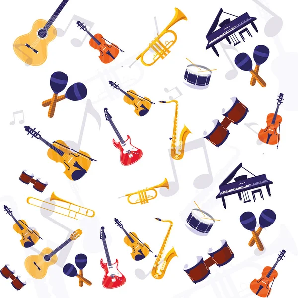 Κιθάρας βιολί τσέλο μαράκες και σαξόφωνο όργανο διάνυσμα σχεδιασμό — Διανυσματικό Αρχείο
