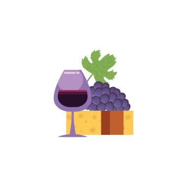 İzole şarap kadehi peyniri ve üzüm vektör tasarımı