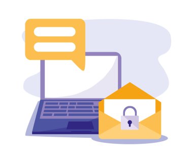 Dijital dizüstü bilgisayar balonu ve asma kilit vektör tasarımı