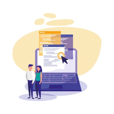 Dijital dizüstü bilgisayarlı kadın ve erkek vektör tasarımı