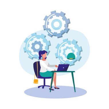 Dijital dizüstü bilgisayar dişlileri ve kadın vektör tasarımı