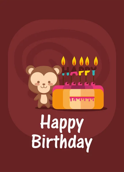 Pastel de dibujos animados mono y feliz cumpleaños vector de diseño — Vector de stock