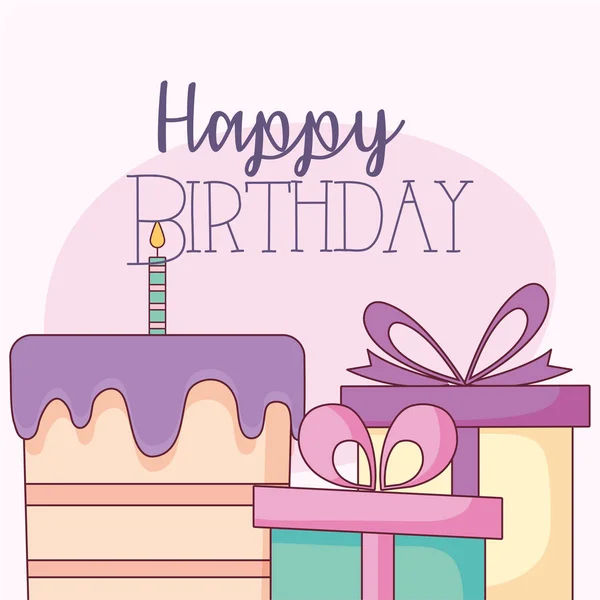 Feliz cumpleaños pastel y regalos vector de diseño — Vector de stock