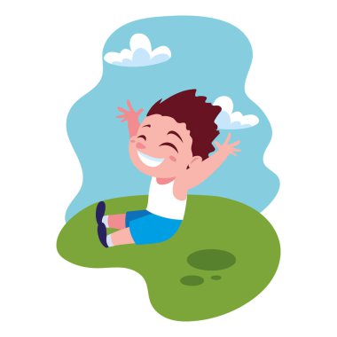 Çocuk gülümsüyor ve dışarıda oynuyor.