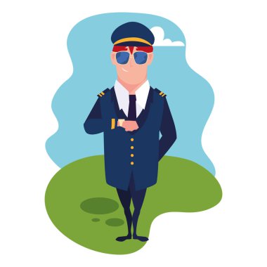 Adam uçak pilotu arka planda duruyor.