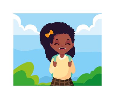 Okul çantalı öğrenci kız, okula geri dönüyor.