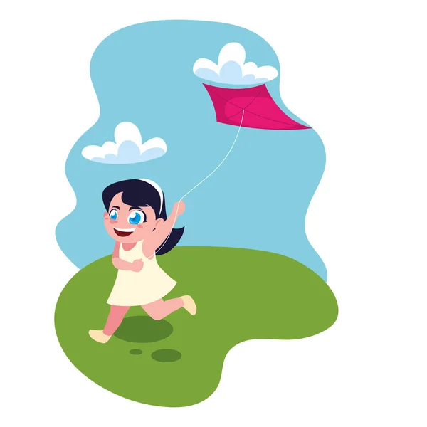 Girl smiling and playing with a kite — 스톡 벡터