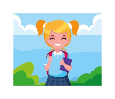 Okul çantalı öğrenci kız, okula geri dönüyor.