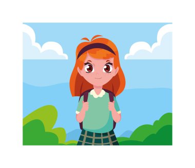 Okul çantalı öğrenci kız, okula geri dönüyor.