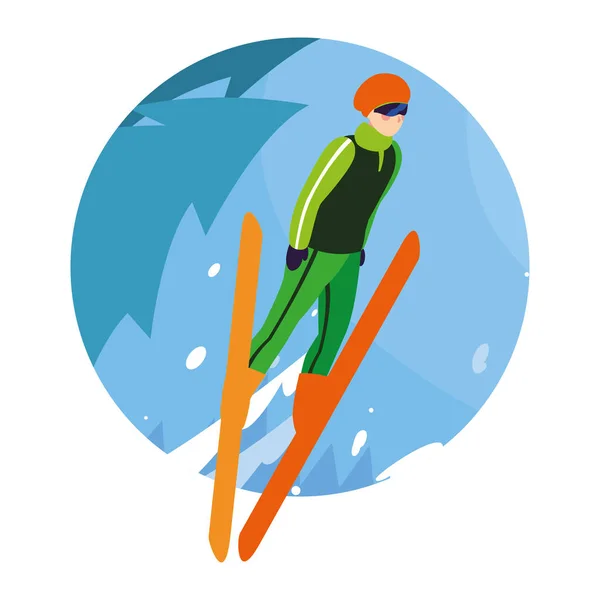 Homme avec ski de montagne dans le paysage de l'hiver — Image vectorielle