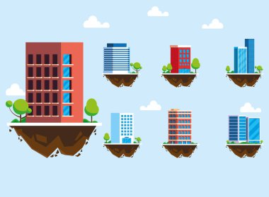 set of icons of buildings over terrain, urban landscape