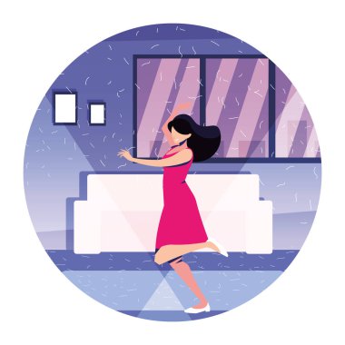 woman dancing in home , party, music and nightlife