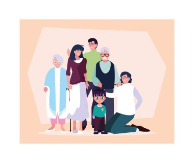 big family together, three generations grandparents, parents and children of different age together