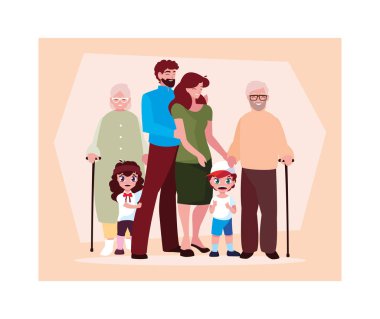big family together, three generations grandparents, parents and children of different age together