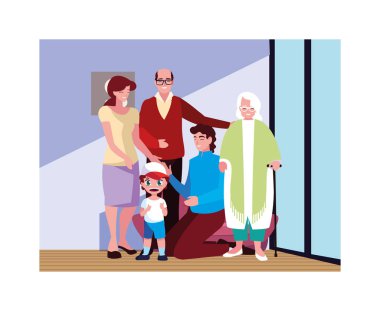 big family together in living room, three generations