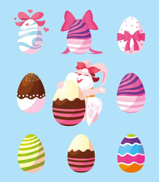 Набор кроликов с пасхальными яйцами, счастливой Пасхи — стоковый вектор