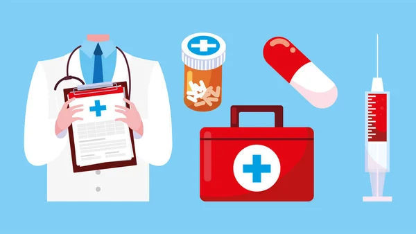 Medico con kit di pronto soccorso, icone di pronto soccorso medico — Vettoriale Stock