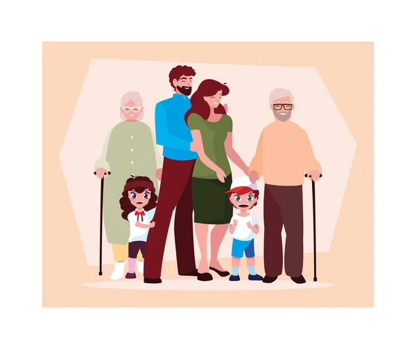 Big family together, three generations grandparents, parents and children of different age together — 스톡 벡터